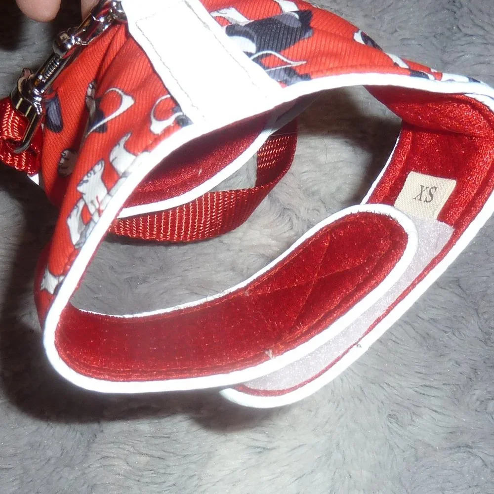 XS Dog or Cat Harness & Leash Set, Red with Black & White Dog Print, New
